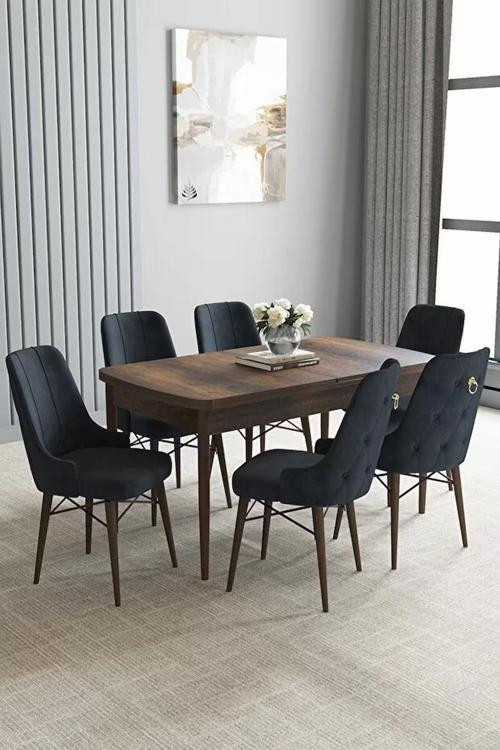 Loft Barok Desen 80x132 Açılabilir Mdf Masa Yemek Odası Takımı, Mutfak Takımı 6 Sandalye