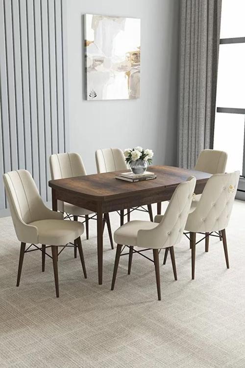 Loft Barok Desen 80x132 Açılabilir Mdf Masa Yemek Odası Takımı, Mutfak Takımı 6 Sandalye