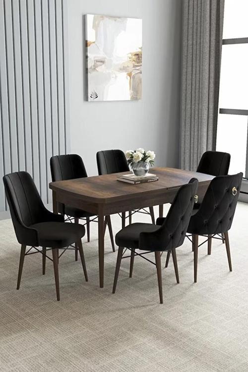 Loft Barok Desen 80x132 Açılabilir Mdf Masa Yemek Odası Takımı, Mutfak Takımı 6 Sandalye