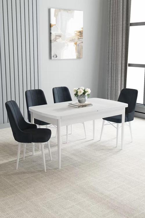 Loft Beyaz 80x132 Açılabilir Mdf Masa Yemek Odası Takımı, Mutfak Takımı 4 Adet Sandalye