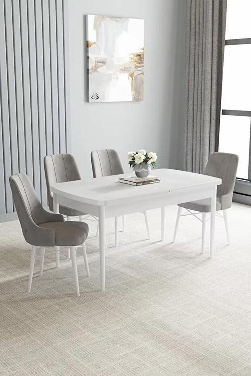 Loft Beyaz 80x132 Açılabilir Mdf Masa Yemek Odası Takımı, Mutfak Takımı 4 Adet Sandalye
