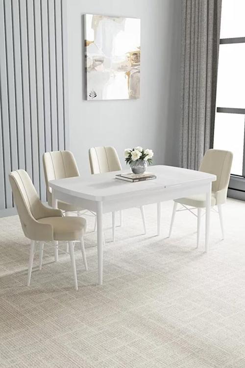 Loft Beyaz 80x132 Açılabilir Mdf Masa Yemek Odası Takımı, Mutfak Takımı 4 Adet Sandalye