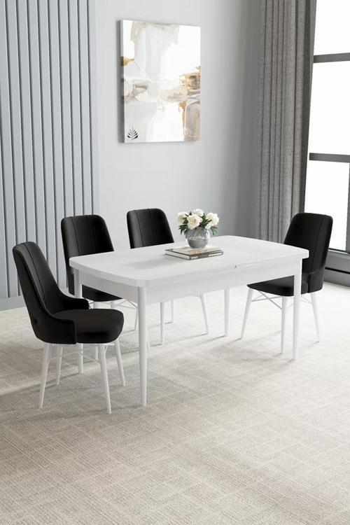 Loft Beyaz 80x132 Açılabilir Mdf Masa Yemek Odası Takımı, Mutfak Takımı 4 Adet Sandalye