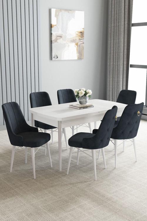 Loft Beyaz 80x132 Açılabilir Mdf Masa Yemek Odası Takımı, Mutfak Takımı 6 Sandalye