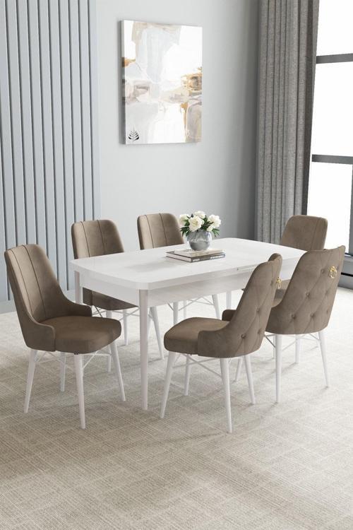 Loft Beyaz 80x132 Açılabilir Mdf Masa Yemek Odası Takımı, Mutfak Takımı 6 Sandalye