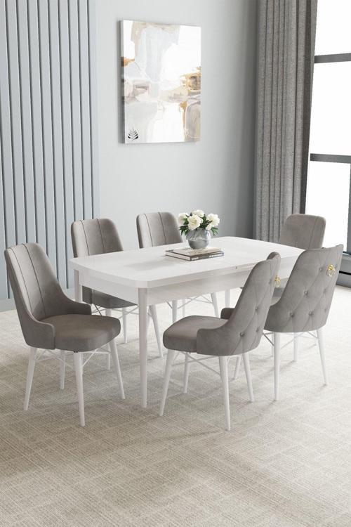 Loft Beyaz 80x132 Açılabilir Mdf Masa Yemek Odası Takımı, Mutfak Takımı 6 Sandalye