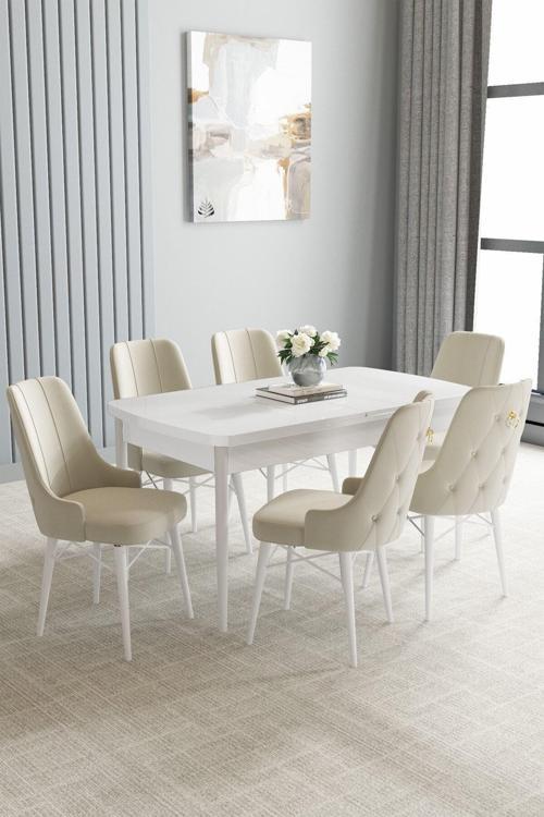 Loft Beyaz 80x132 Açılabilir Mdf Masa Yemek Odası Takımı, Mutfak Takımı 6 Sandalye