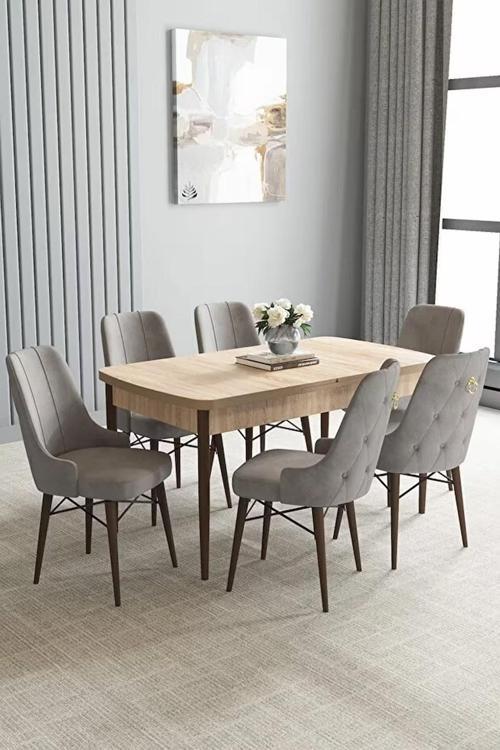 Loft Meşe Desen 80x132 Açılabilir Mdf Masa Yemek Odası Takımı, Mutfak Takımı 6 Sandalye