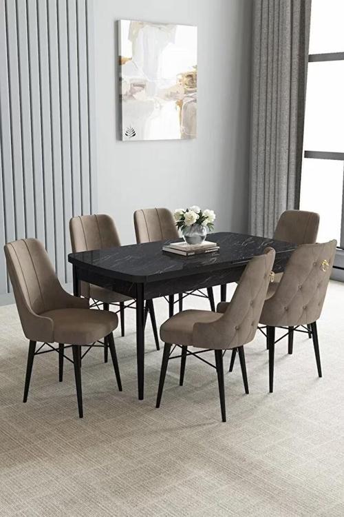 Loft Siyah Mermer 80x132 Açılabilir Mdf Masa Yemek Odası Takımı, Mutfak Takımı 6 Sandalye