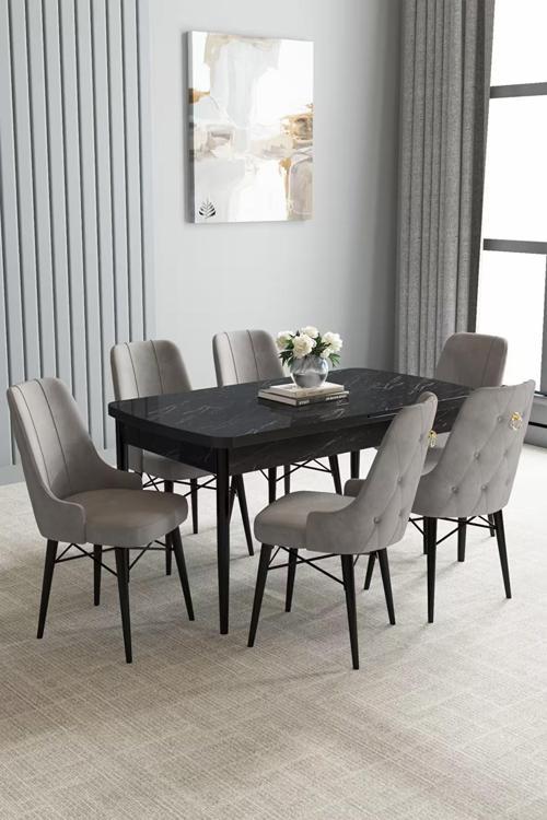 Loft Siyah Mermer 80x132 Açılabilir Mdf Masa Yemek Odası Takımı, Mutfak Takımı 6 Sandalye