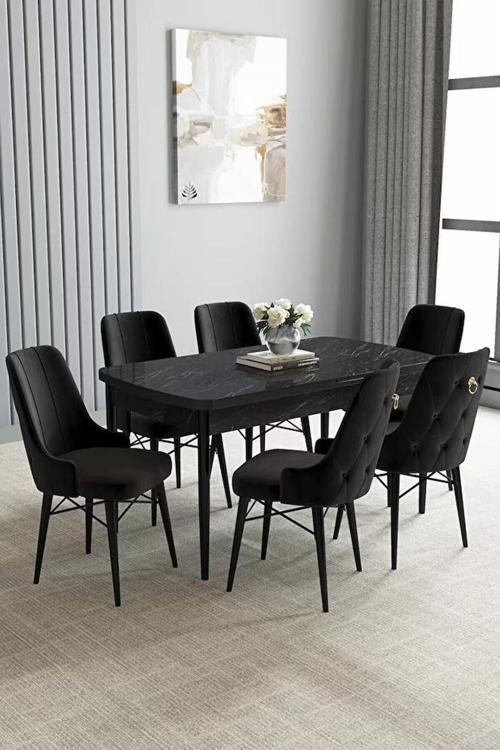 Loft Siyah Mermer 80x132 Açılabilir Mdf Masa Yemek Odası Takımı, Mutfak Takımı 6 Sandalye