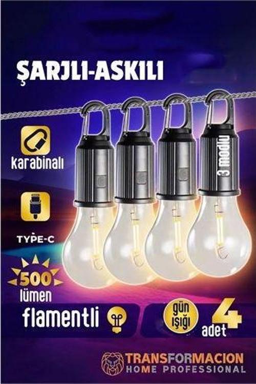 Askılı Portatif Şarjlı Askılı Ampül - 4 lü Kamp Lambası - Acil Durum Lambası