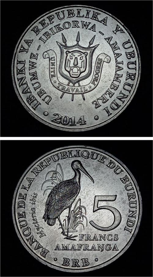 Escoines 39963688ab2292785b Burundi 5 Franks Sarı Gagalı Leylek 2014 ÇİL Alüminyum Para