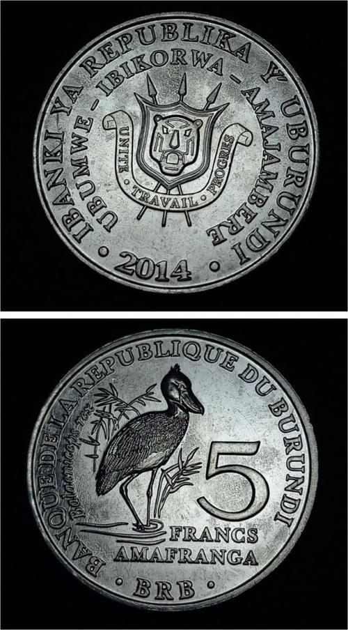 Escoines 39963688ab3609a46c Burundi 5 Franks 2014 Ayakkabı Gagalı Leylek ÇİL Alüminyum Para