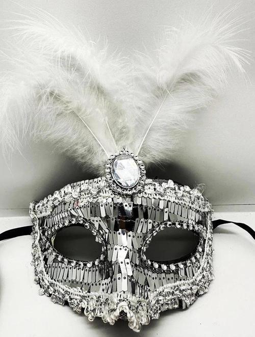 Gümüş Payetli Pullu Tüylü Parti Maskesi