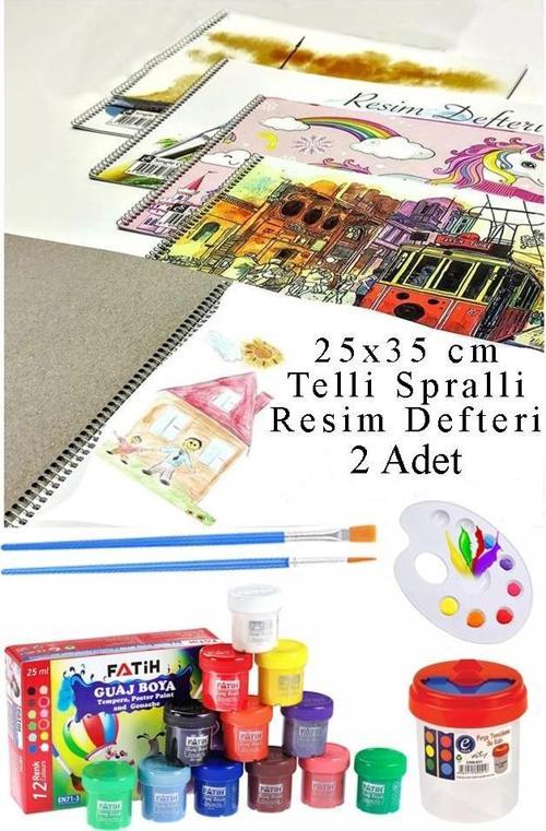 12 Renk Guaj Boya Fatih 25x35 cm Telli Spralli Resim Defteri Palet Resim Fırçası 15 Yaprak Guajboya Resim Defteri