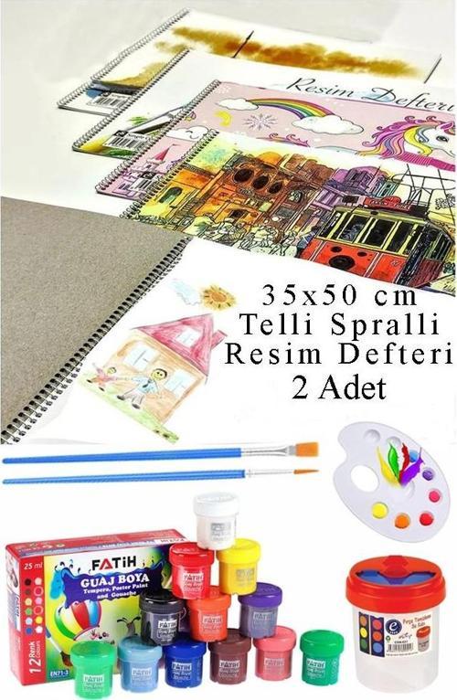 12 Renk Guaj Boya Fatih 35x50 cm Telli Spralli Resim Defteri Palet Resim Fırçası15 Yaprak Guajboya Resim Defteri