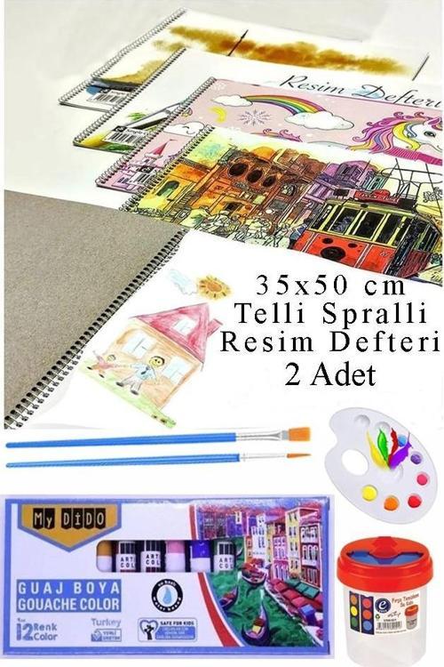 12 Renk Guaj Boya Mydido 35x50 cm Telli Spralli Resim Defteri Palet Resim Fırçası 15 Yaprak Guajboya Resim Defteri