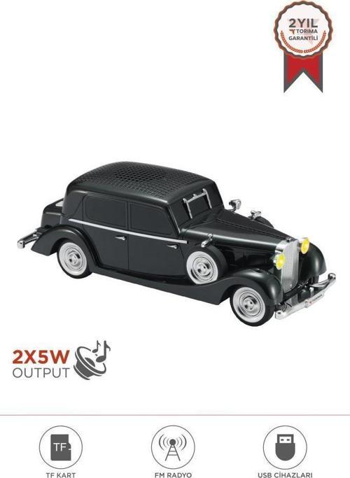 D55 Siyah Retro Araba Tasarımlı Bluetooth Hoparlör  2x5W  FM + USB + TF Kart