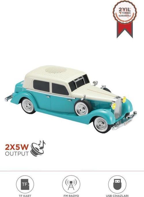 D55 Turkuaz Retro Araba Tasarımlı Bluetooth Hoparlör  2x5W  FM + USB + TF Kart