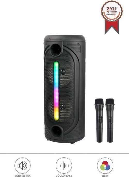 KTS-2086 Siyah Çift Mikrofonlu RGB Ledli Taşınabilir Bluetooth Hoparlör Parti Speaker