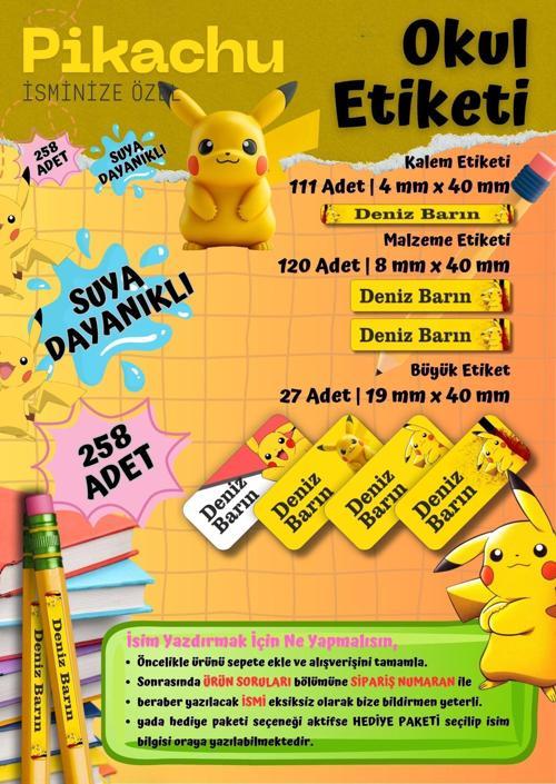 Pikachu Pokemon Temalı Kişiye Özel Suya Dayanıklı Okul Etiketi – 258 Adet İsimli Çıkartma