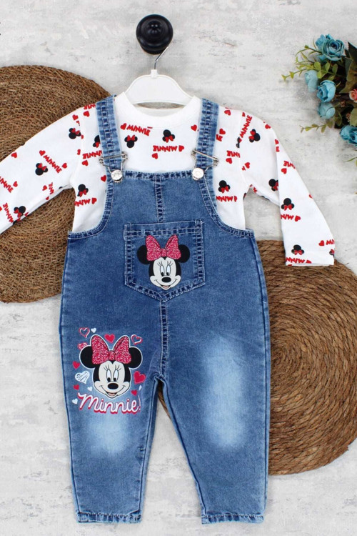 1-4Yaş Kız Çocuk Minnie Mouse Badili Baskılı Kot Salopet Tulum 2Li Takım Ayarlanabilir Askılı