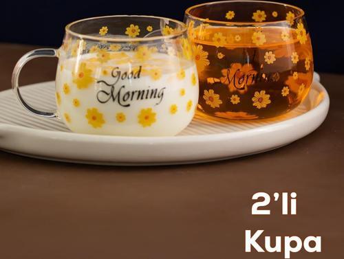 2089 2li Borosilikat Isıya Ateşe Dayanıklı Cam Kulplu Çay Bardağı Kahve Bardak Kupa Sarı 400 ml