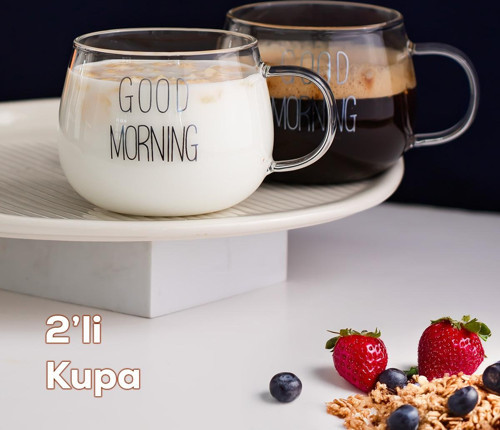 2088 2li Borosilikat Isıya Ateşe Dayanıklı Cam Kulplu Çay Bardağı Kahve Bardak Kupa Şeffaf 400 ml