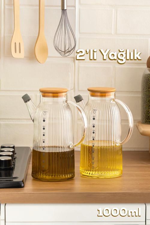 2091 Bambu Kapaklı Vakumlu Ölçekli Borosilikat Cam 2li Yağdanlık Yağlık Sirkelik Seti 1000ml