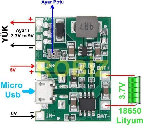Tp4056 18650 Lityum Pil Şarj Micro Usb Ayarlı Voltaj Yükseltici 3-7v To 27v Boost Step Up Lion Akü