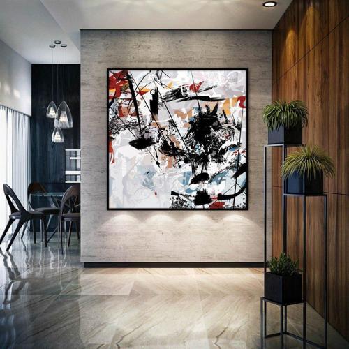 Falling Colors Black - Yağlı Boya Dokulu Tablo 100X100 Gümüş Çerçeveli