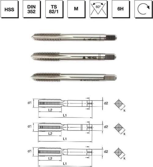 Makina Takım M6 HSS DIN 352 Metrik Normal Vidalı 3'lü Takım Kılavuzu (El Kılavuzu) - B00100040600