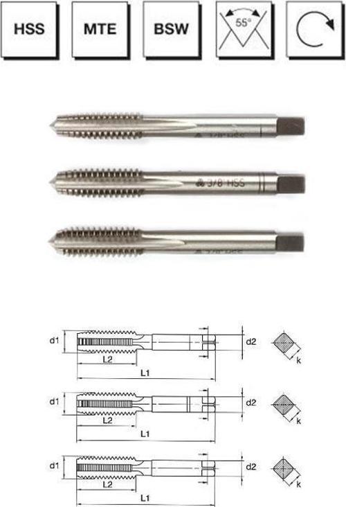 Makina Takım W 1/2" HSS Normu Whitworth Normal Vidalı 3'lü Takım Kılavuzu (El Kılavuzu) - B00100101270