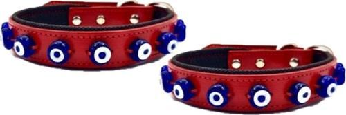 Hakiki Deri Nazar Boncuklu Köpek Tasması Kırımızı 56cm X 2,5cm 2 Adet
