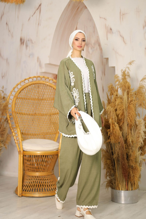 Kroşetalı Süzene İşlemeli Ceketli Kimono Takım