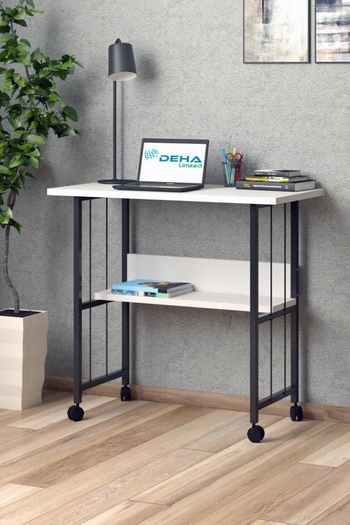 Raflı Frenli Tekerlekli Ofis Ders Laptop Çalışma Masası Metal Ayaklı Mutfak Tekerli Masa