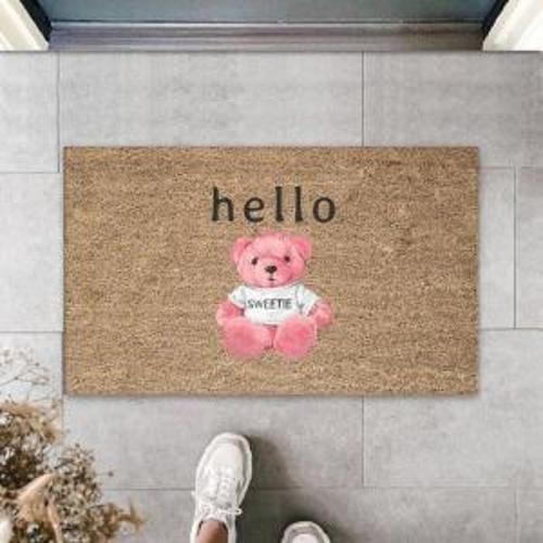 Kahverengi Kapı Önü Paspası Pembe Ayı Desen  K-3286