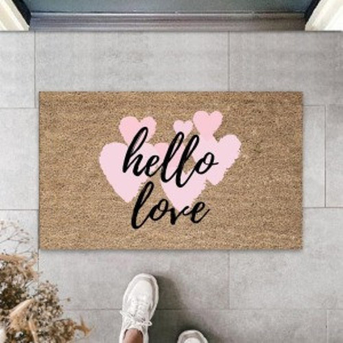 Pembe Kapı Önü Paspası Hello Love Desen K-3291