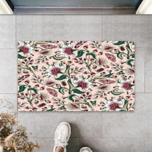 Dekoratif Dijital Baskı Pembe-Yeşil Çiçek Dış Mekan Paspas K-3044