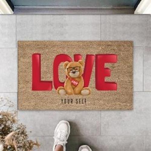 Kahverengi Kapı Önü Paspası Love Ayıcık Desen  K-3252