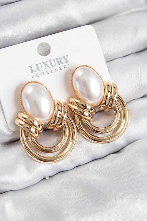Pirinç İnci Detaylı Vintage Model Gold Renk Kadın Küpe - EBJ250802W37029