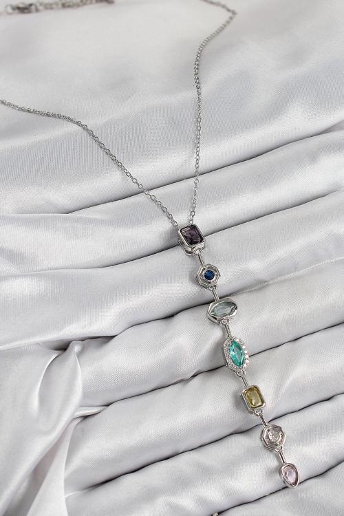 Zarif Kadın için Silver Pirinç Renkli Zirkonlu Y Kolye