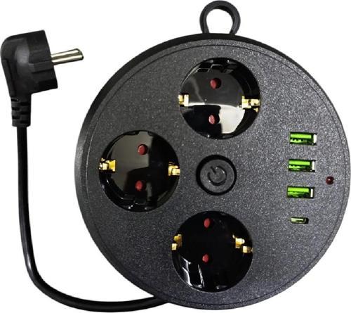Büro Ev Ofis için 1MT Makaralı 4000W 16A 3PRİZ 3USB 1TYPEC Anahtar Akım Korumalı Grup Priz
