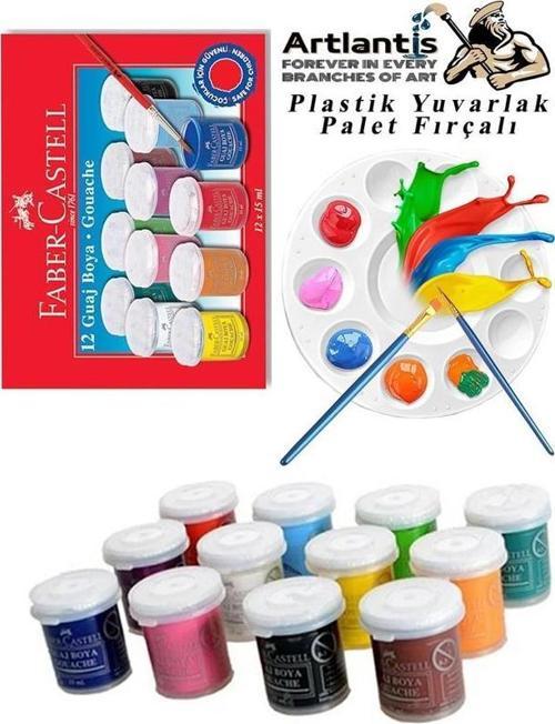 Guaj Boya 12 Renk Faber 15 Ml Şişe 1 Paket 12 Li Guaj Boya Seti ve Yuvarlak Resim Paleti Fırçalı 1 Paket 10 Hazneli Boya