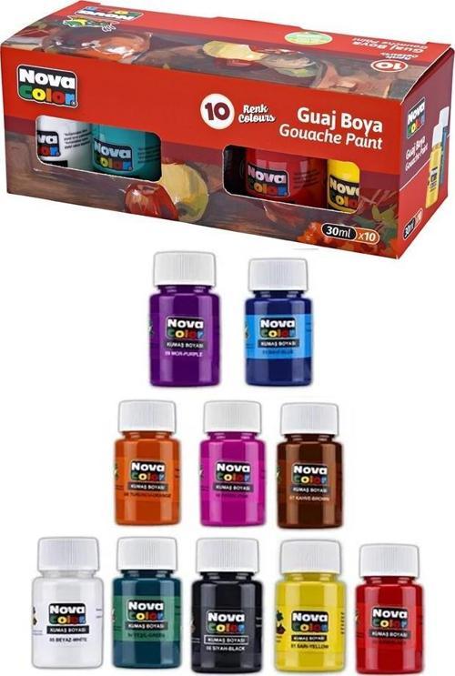 Guaj Boya 10 Renk 30 ml 1 Paket Nova Color Guaj Boya Seti 10 lu Su Bazlı Şişe Canlı Renkler Resim Okul