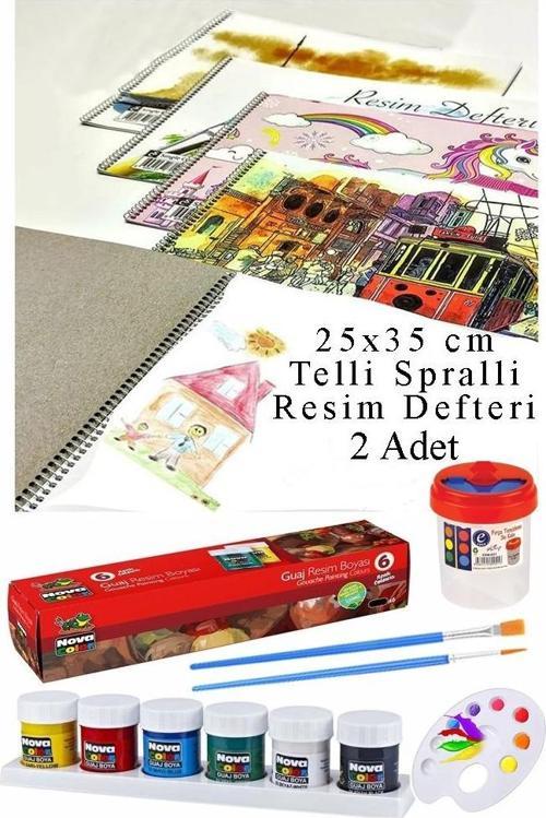 6 Renk Guaj Boya Nova Color 25x35 cm Telli Spralli Resim Defteri Palet Resim Fırçası 15 Yaprak Guajboya Resim Defteri