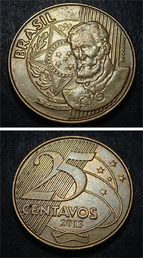 Escoines 39963688aab01d3ff6 2013 Brezilya 25 Centavos Pirinç kaplamalı çelik Brezilya Reali Para