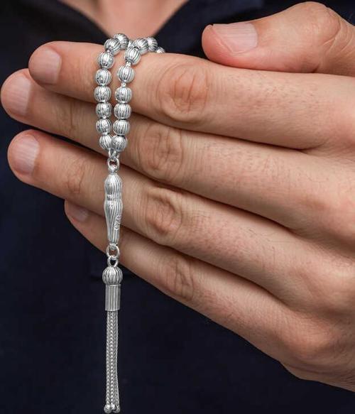Gümüş Çizgili Yuvarlak Erkek Tesbih SL12626