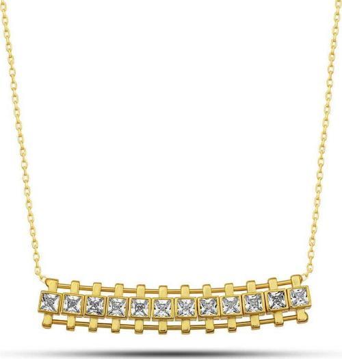 Gümüş Gold Zirkon Taşlı Kare Bar Kadın Kolye SL12610